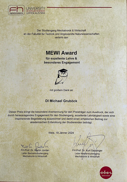 MEWI-Award von der FH OÖ Campus Wels für Michael Gruböck, Business Coach und Unternehmensberater